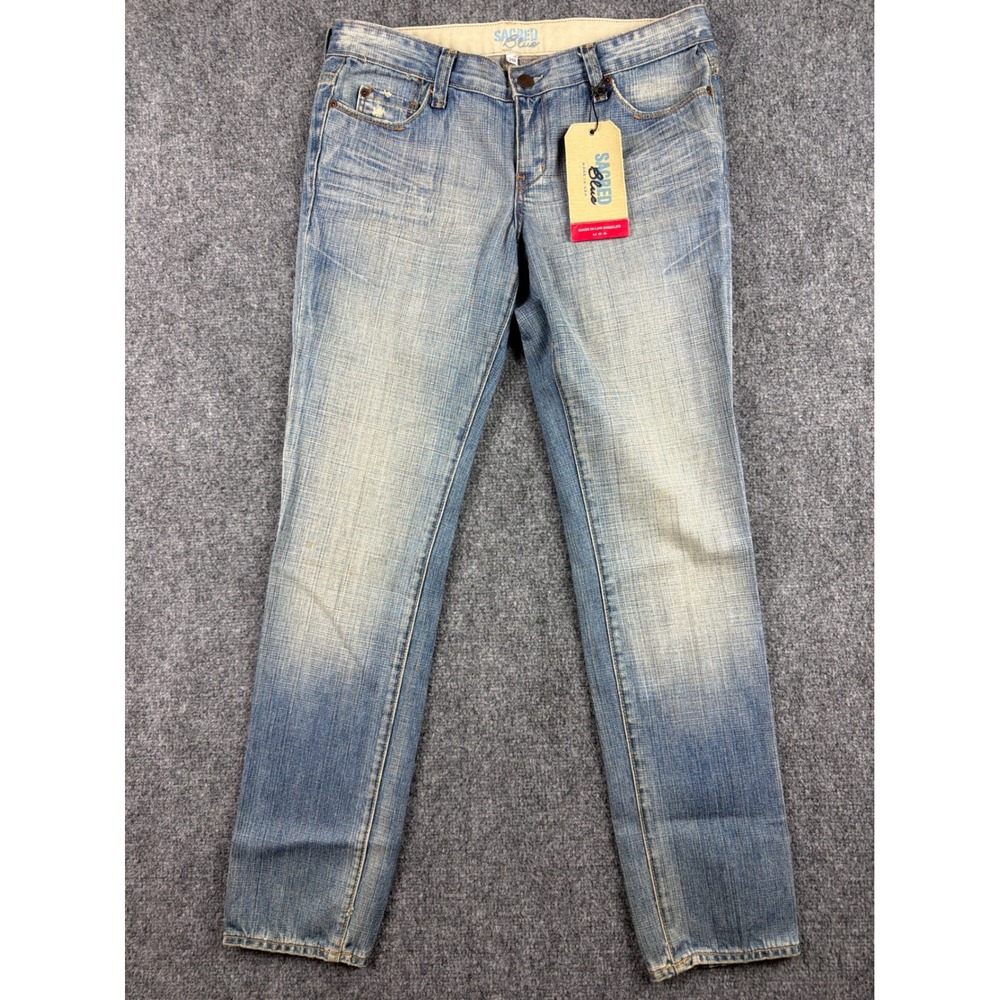 Sacred Blue Straight Leg Distressed Jeans Light Wash Made in USA Size 28 NWT